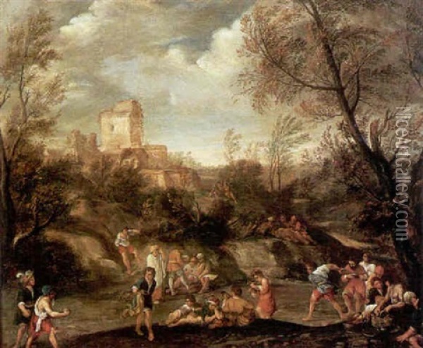 Figures Merrymaking With A Village And An Extensive Landscape Beyond Oil Painting - Pieter Jacobsz. van Laer