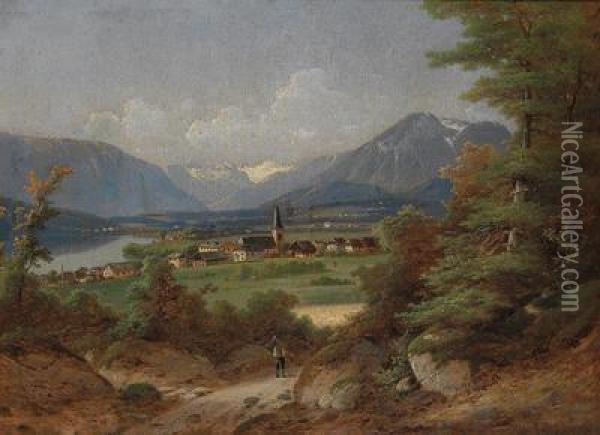 Landscape With Village By A Lake Oil Painting - Ferdinand Lepie