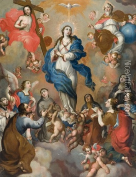 Vierge De Gloire Entre Le Christ Et Dieu Le Pere, Entoures De Saints Oil Painting - Miguel Cabrera