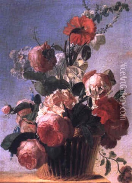 Roses, Oeillets Et Narcisses Dans Une Corbeille Posee Sur Un Entablement Oil Painting - Jean-Jacques Bachelier