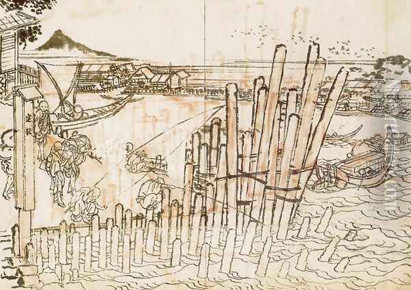 Fishing at Shimadagahana Oil Painting - Katsushika Hokusai
