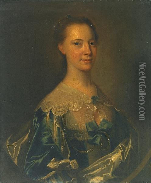 A Portrait Of Susanna Dacre, Half-length, Wearing A Blue Satin Dress With Blue Ribbons Oil Painting - Thomas Hudson