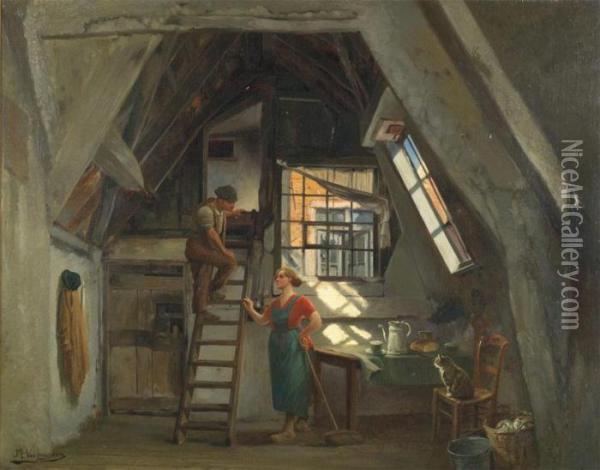 Domestic Scene In The Attick Oil Painting - Jef Louis Van Leemputten