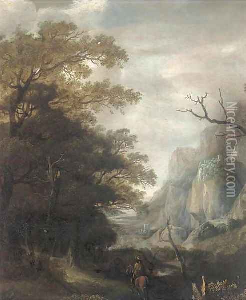 A mountainous landscape with a horseman on a wooded track Oil Painting - Jan Looten