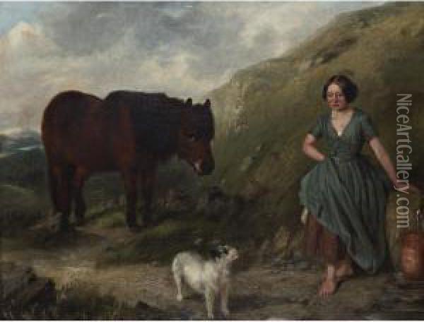 Shepherd Girl Gathering Water For Her Pony And Terrier Oil Painting - Of John Alfred Wheeler