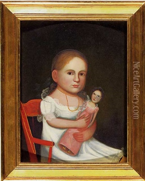 Portrait Of A Brown-eyed Young Girl In White Dress And Gold Beads, Sitting In Child's Windsor Chair Holding Her Doll Oil Painting - Zedekiah Belknap