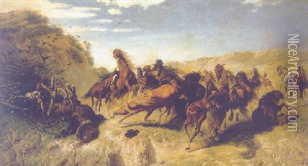 Ungarische Pferde In Der Puszta Vor Einem Umgesturzten Bauernwagen Scheuend Oil Painting - Teuwart Schmitson