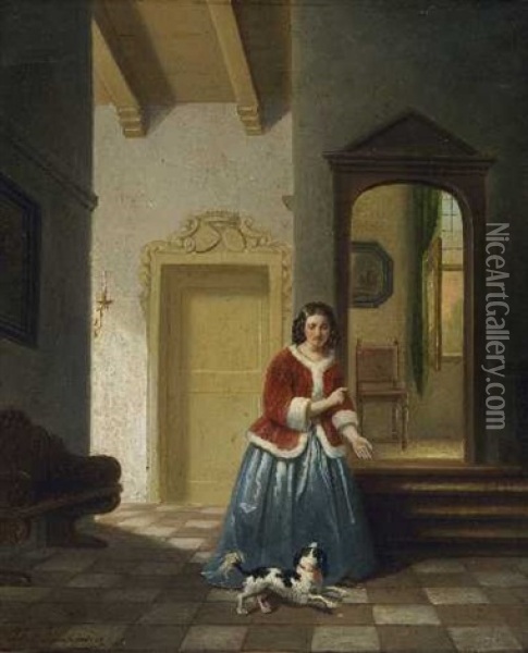 Junge Frau Mit Hund Oil Painting - Jan Jacobus Matthijs Damschroeder