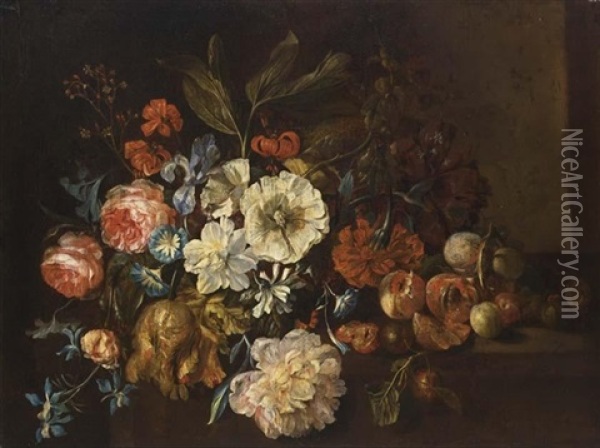 A Still Life Of Roses, Small Morning Glory, Tulips, Red Turban Cup Lilies, An Iris And Other Flowers, Peaches And Prunes, All On A Stone Ledge Oil Painting - Justus van Huysum the Elder