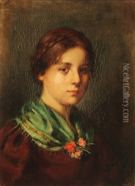 Portrait Of A Young Woman With A Green Shawl Oil Painting - Emma (Edle von Seehof) Mueller