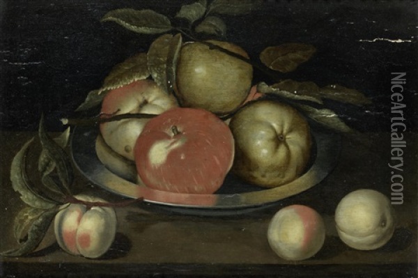 Apples In A Pewter Dish With Peaches On A Table Top Oil Painting - Jacob Woutersz Vosmaer