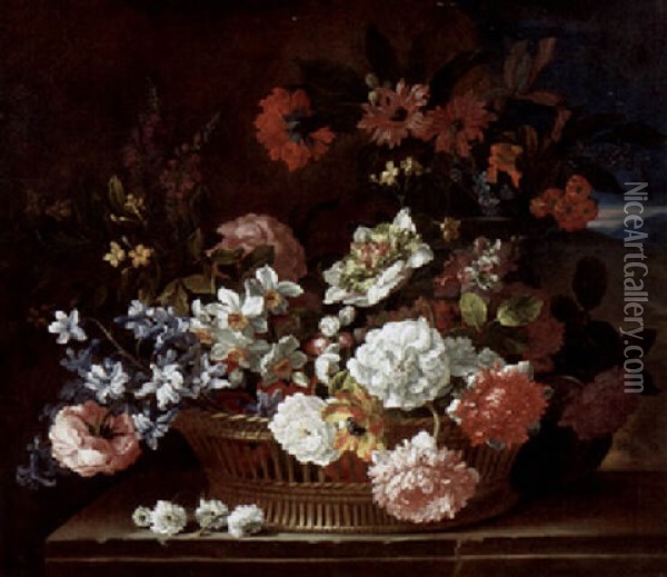 Roses, Narcissi And Other Flowers In A Wicker Basket On A Stone Ledge, A Landscape Beyond Oil Painting - Jean-Baptiste Monnoyer