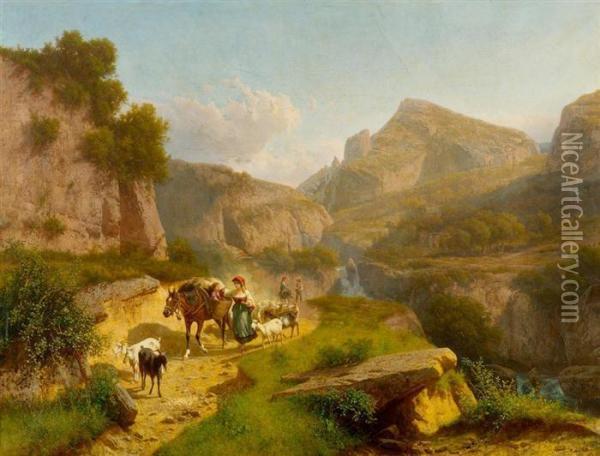 Herdsmen With Herd On A Mountain Path. 1881 Oil Painting - Andras Markos