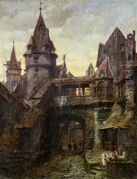 Mittelalterliche Altstadtstrase Bei Sonnenuntergang Oil Painting - Ferdinand Knab