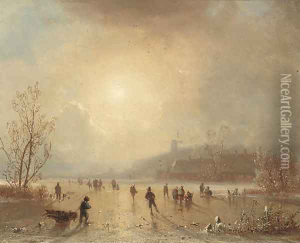 Skaters on a lake at dusk Oil Painting - Hendrik Pieter Koekkoek