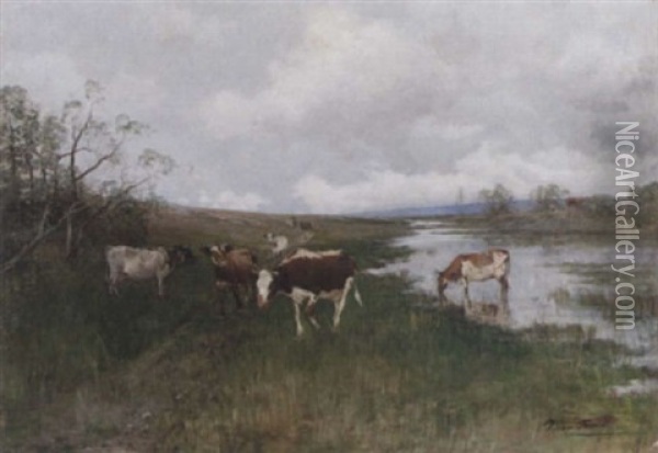 Kor Vid Vattendrag Oil Painting - Victor Forssell