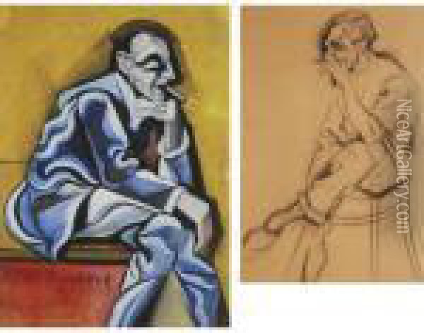 Seated Man With Cigarette: 2 Works Oil Painting - Hugo Scheiber