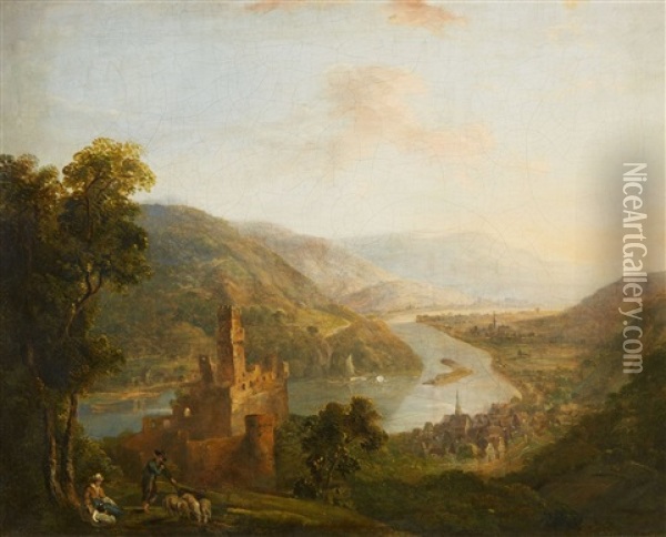 A Rhenish Landscape With Sooneck Castle And Niederheimbach Oil Painting - Johann Caspar Schneider