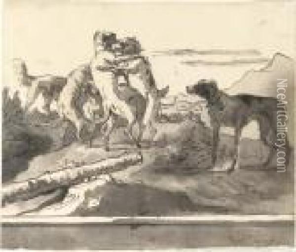 Dogs Playing In A Landscape Oil Painting - Giovanni Domenico Tiepolo