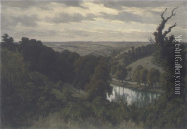 A River Winding Through Wooded Pasture Oil Painting - Andre Eugene Dauchez
