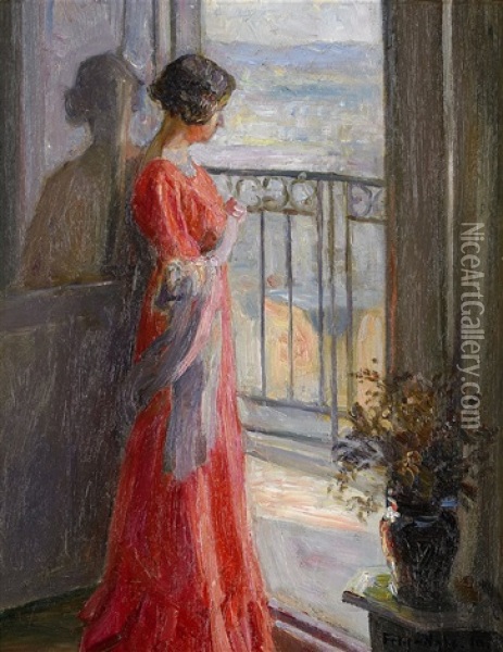 Elegant Lady In A Red Dress - Scene From France Oil Painting - Poul Friis Nybo