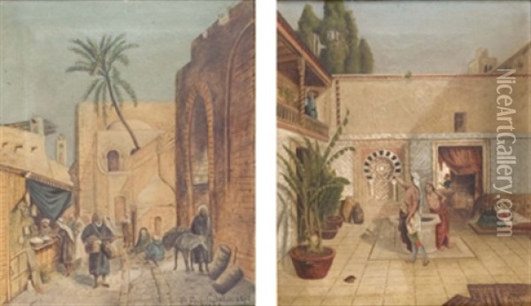 Strase In Tunis (+ Orientalischer Innenhof, 1890; 2 Works) Oil Painting - Friedrich Engels