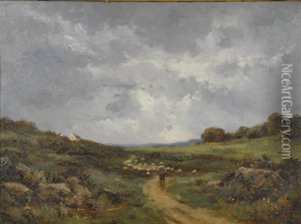 Sheep Herder In A Landscape Oil Painting - Edith Bullock