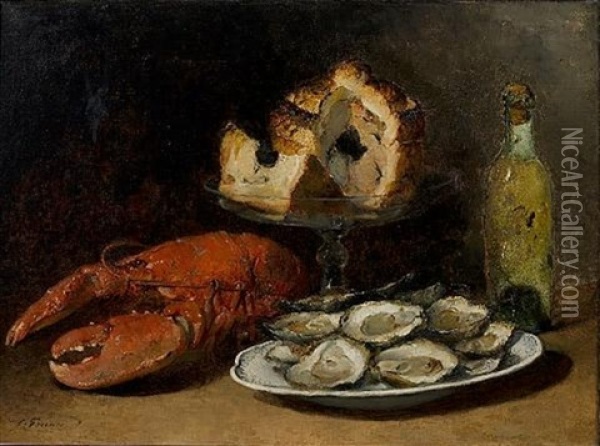 A Still Life With Lobster, A Pie And Oysters Oil Painting - Guillaume Romain Fouace