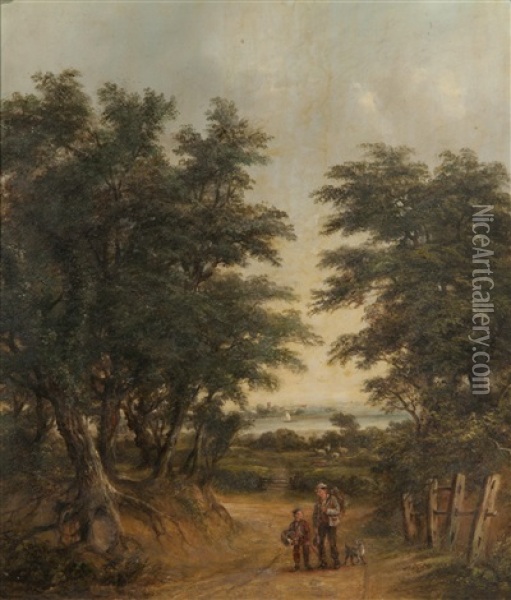 Figures On Gainsborough Lane With Freston Tower Beyond Oil Painting - Robert Burrows