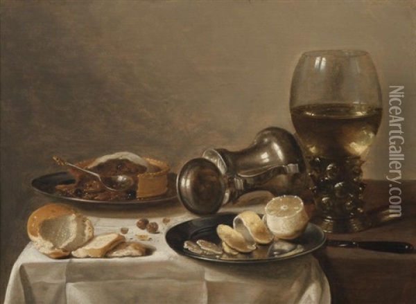 Nature Morte Au Verre Romer, Citron Et La Tourte Oil Painting - Cornelis Cruys