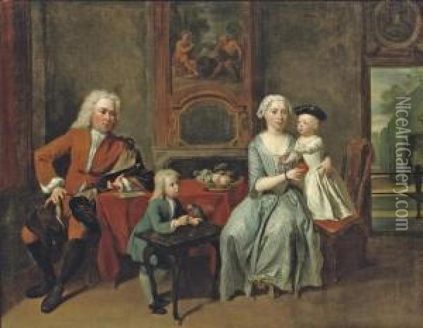 A Family Portrait Of A 
Gentleman, His Wife Handing An Apple To The Daughter And Their Son 
Feeding A Parrot, All In An Interior, A Park Beyond Oil Painting - Cornelis Troost