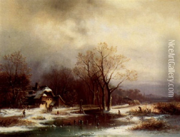 Eisvergnugen. Winterlandschaft Mit Pferdefuhrwerk Und Rodelnden Kindern Oil Painting - Anton Doll