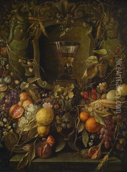 Ein Fruchtekranz Um Eine Skulptierte Steinnische Mit Einem Berkemeyer-glas Oil Painting - Cornelis De Heem