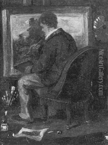 Autoportrait De L'artiste (?) A Son Chevalet Oil Painting - Clement-Auguste Andrieux