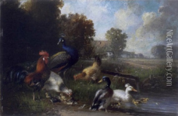 Huhner Und Enten Am Weiher Oil Painting - Julius Scheuerer