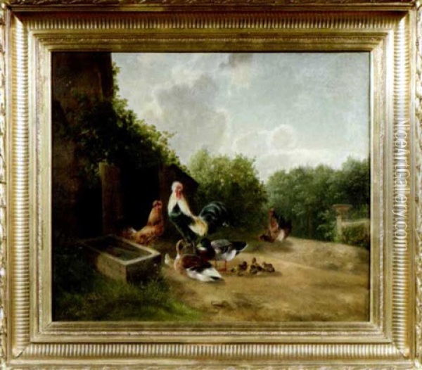 Huhner Und Enten Tummeln Sich An Einem Wassertrog Oil Painting - August Knip