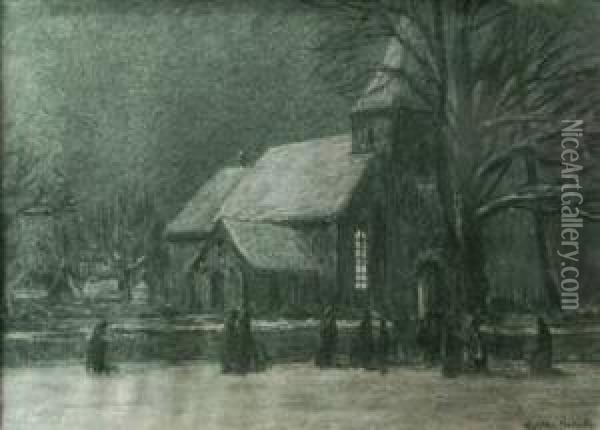 La Sortie D'eglise En Hiver,fusain, Signe En Bas A Droite Oil Painting - Wartan Mahokian