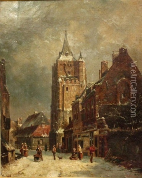 Dutch Street Scene With Tower (+ Dutch Street Scene With Steeple Betond; Pair) Oil Painting - Adrianus Eversen