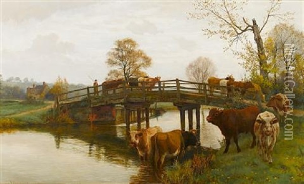 Cattle Crossing Dedham Bridge Oil Painting - William Sidney Cooper