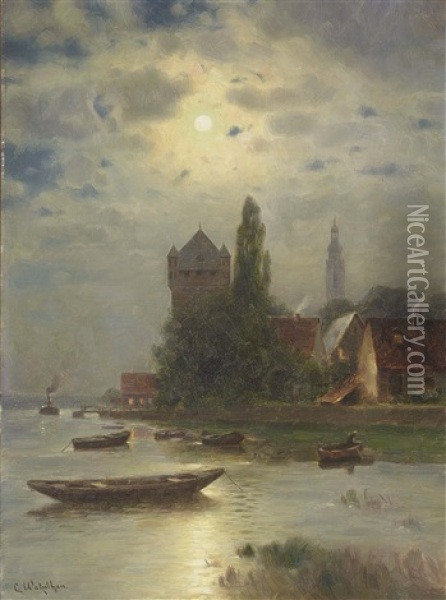 Am Rhein Bei Vollmond Oil Painting - Carl Watzelhan