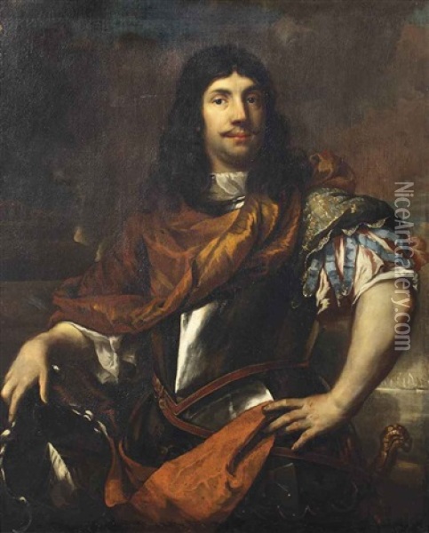 Portrait Of Cornelis Tromp (1629-1691), Three-quarter-length, In A Breastplate, His Right Hand Resting On His Coat-of-arms Oil Painting - Jan de Baen