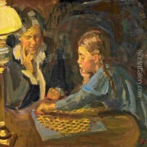 Grete Is Palying Halma Oil Painting - Peter Marius Hansen