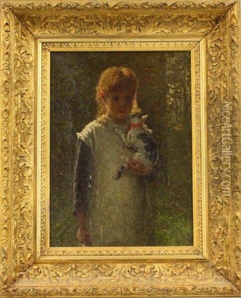 Emily In The Garden, Holding Her Cat Oil Painting - John Joseph Enneking
