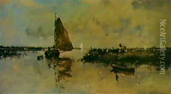 Barque Sur Un Canal; Bootje Op Een Kanaal Oil Painting - Johan Hendrik van Mastenbroek