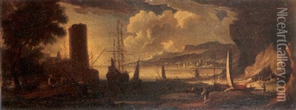 A Port Scene With Sailing Ships And Other Vessels Off A Rocky Coast, Fishermen Returning From A Trip, Another Port And Mountain Beyond Oil Painting - Ignaz Franz Josef Flurer