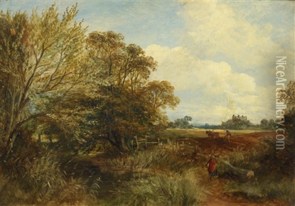Ploughing, With A Figure Dressed In Red Entering The Field Oil Painting - Samuel Bough