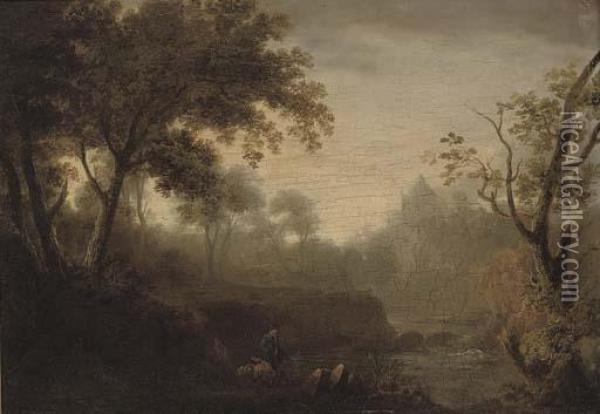 View Of Hawthornden Castle With Figures By The River North Esk In The Foreground Oil Painting - Julius Caesar Ibbetson