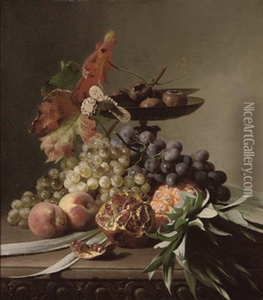 Grapes, Peaches, A Pomegranate And Pineapple Before A Tazza Oil Painting - David Emile Joseph de Noter