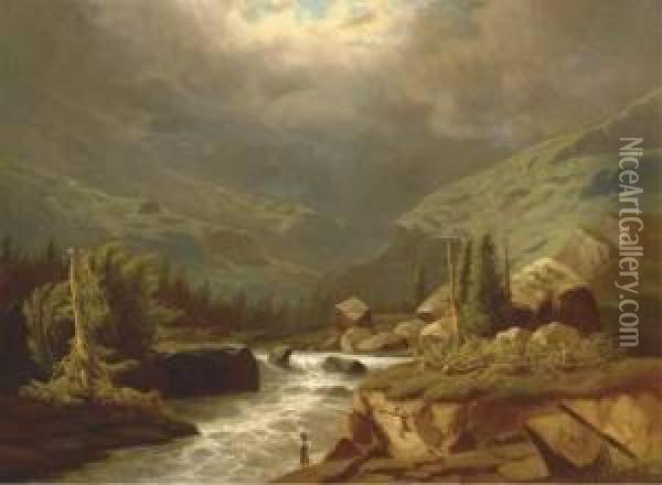 Fishing In An Alpine Stream Oil Painting - Carl Gustav Rodde