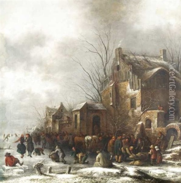 Patineurs A L'entree D'un Village Oil Painting - Nicolaes Molenaer